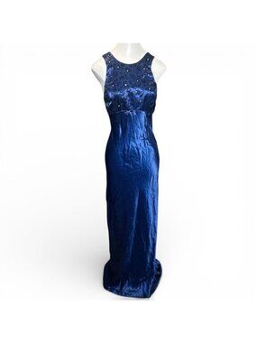 INXS Vintage Gown 7 Y2K Blue Rhinestone Bias Cut Empire Waist Satin Prom Evening